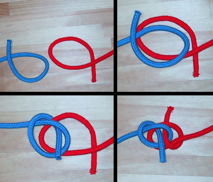 step by step how to tie a zeppelin bend, with a red and blue bungee cord to demonstrate