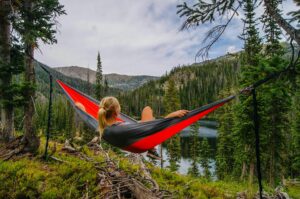 person enjoying views in a hammock